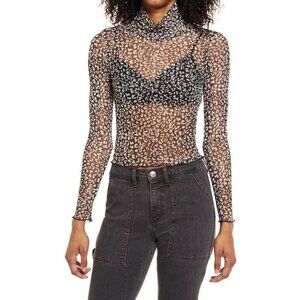New La La Land Creative Co XS Leopard Turtleneck Mesh Top NWT